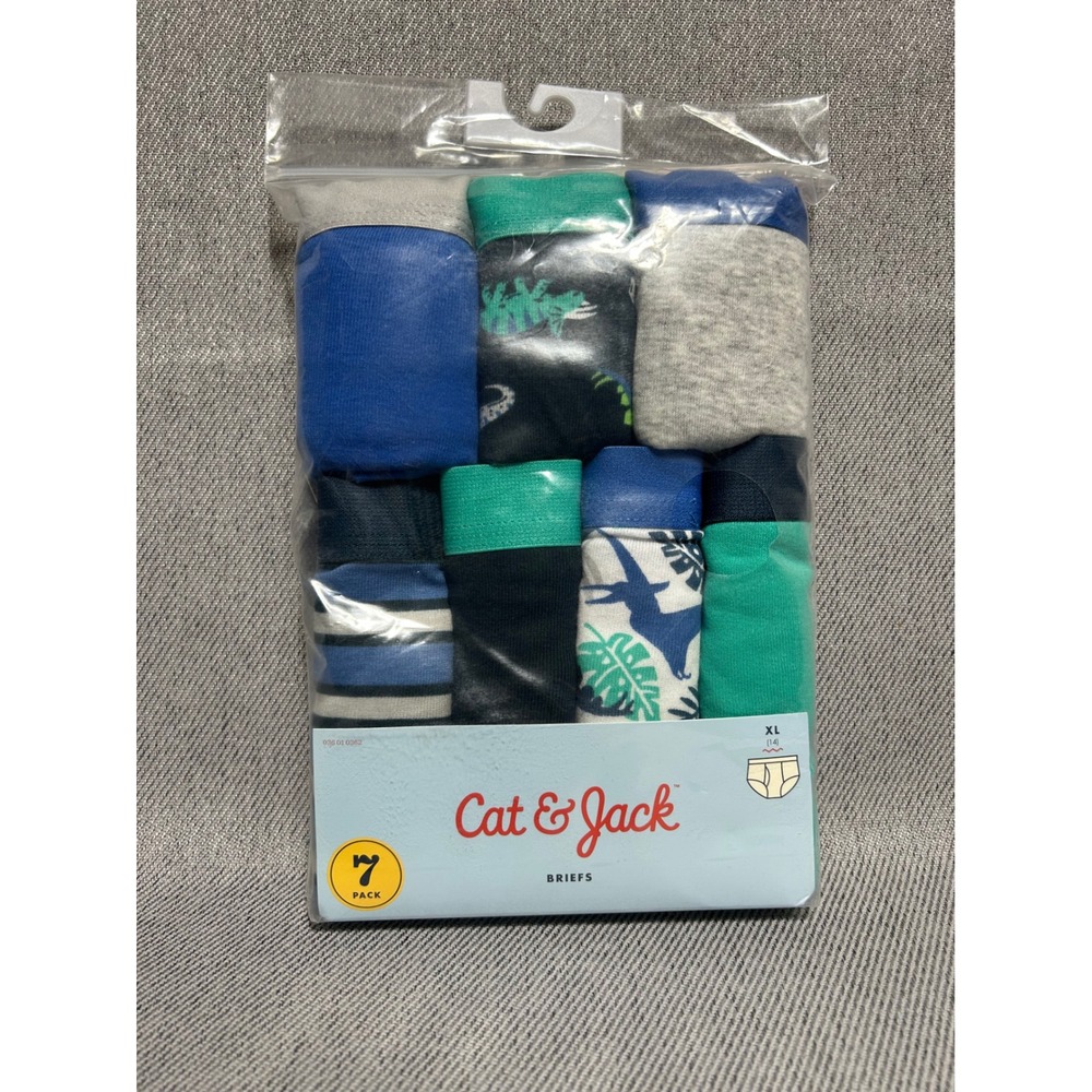 Cat & Jack Boys Briefs 7 Pack Size XL 14 Blue Green Dinosaur Cotton Underwear